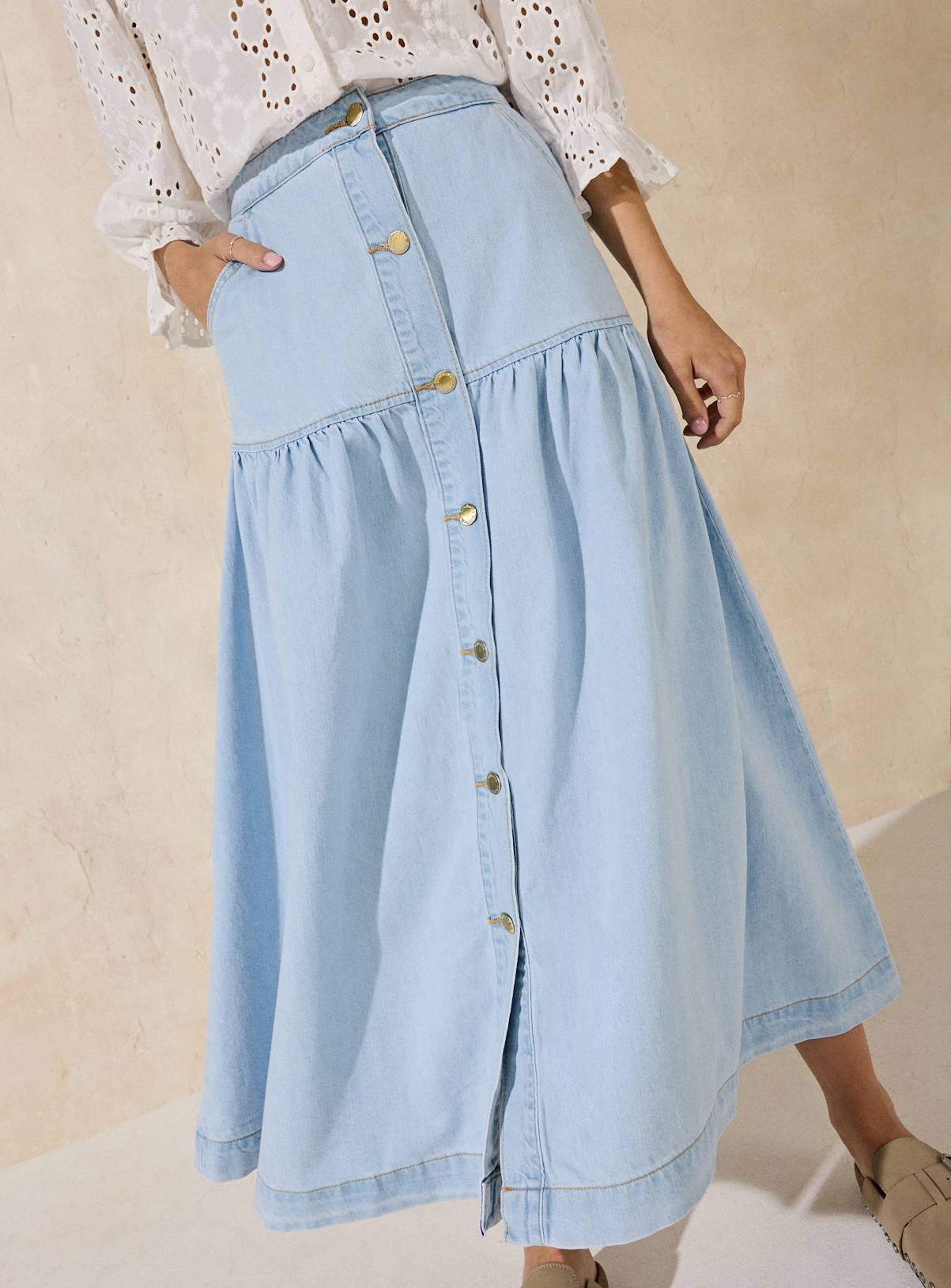 EVERBELLE  Light Denim Button Through Maxi Skirt 22 - Image 1